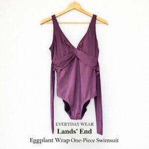 Lands’ End Eggplant Wrap One-Piece Swimsuit Side Tie Built-In Bra 12